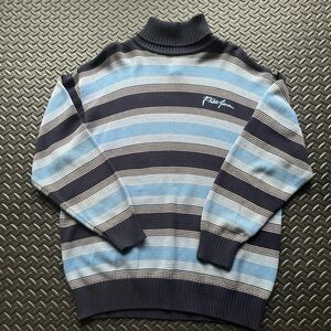 Phat Farm Blue and Gray Striped Turtleneck Sweater